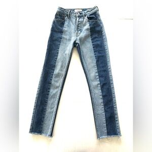 Pacsun Mom Jeans Button Fly Color Block‎ denim Raw Hems Women’s Size 23
